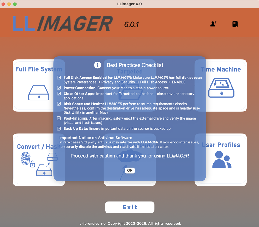 LLIMAGER initial menu screen
