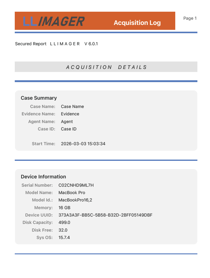 LLIMAGER 6.0 PDF Acquisition Log