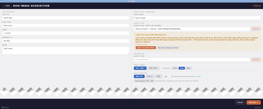 LLIMAGER Linux Start Imaging — source selection Bitlocker